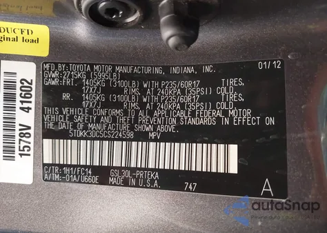 2012 Toyota Sienna Le V6 8 Passenger z USA, uszkodzony, nr VIN 5TDKK3DC5CS224598